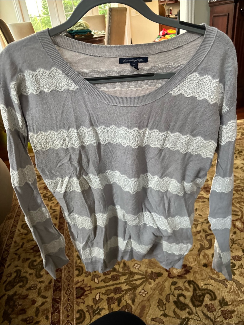American Eagle Outfitters Light Gray and White Lace-Stripe Long Sleeve Tee